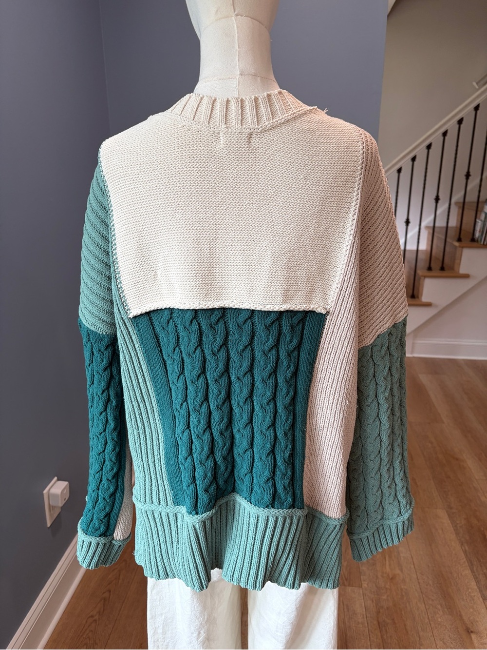 POL Cream & Sage Green Cable Knit V-Neck Oversized Sweater Small Boho - Picture 6 of 8